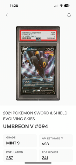 Pokemon TCG 2021 Pokemon Umbreon V SWSH Evolving Skies #094 PSA 9 Mint - Image 3