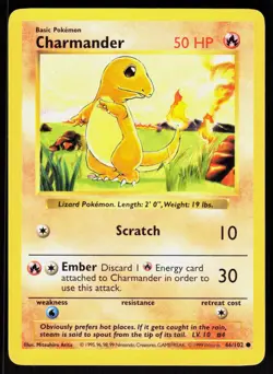 Charmander 46/102 Common Base Set Shadowless Pokemon Unlimited LP 01-01-30 - Image 1
