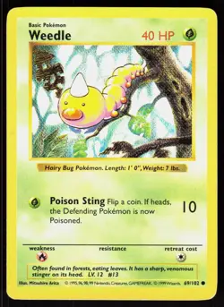Weedle 69/102 Common Base Set Shadowless Pokemon Unlimited MP 01-01-62 - Image 1