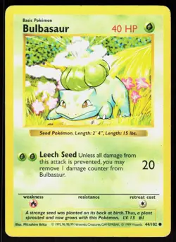 Bulbasaur 44/102 Common Base Set Shadowless Pokemon Unlimited MP 01-01-36 - Image 1