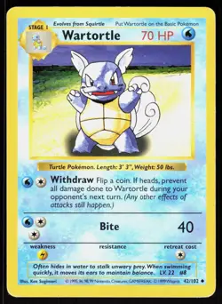 Wartortle 42/102 Uncommon Base Set Shadowless Pokemon Unlimited MP 01-01-33 - Image 1