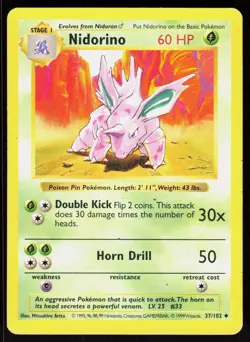 Nidorino 37/102 Uncommon Base Set Shadowless Pokemon Unlimited MP 01-01-74 - Image 1