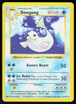 Dewgong 25/102 Uncommon Base Set Shadowless Pokemon Unlimited MP 01-01-103 - Image 1