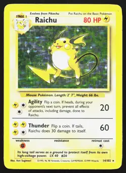 RAICHU 14/102 HOLO HOLO RARE BASE SET UNLIMITED POKEMON MP - Image 1