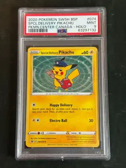 PSA 9 SPECIAL DELIVERY PIKACHU 074 HOLO SWIRL POKEMON CENTER CANADA MINT BMP - Image 1