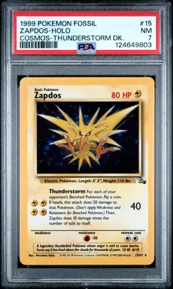 1999 POKEMON FOSSIL COSMOS-THUNDERSTORM DECK HOLO #15 ZAPDOS PSA 7 - Image 1