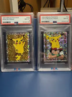 1999 Pokemon Merlin Sticker Ash & Pikachu Prism S30 & S2 PSA 8 - Image 1
