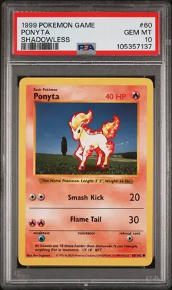 1999 POKEMON GAME #60 PONYTA PSA 10 GEM MINT BASE SET SHADOWLESS - Image 1