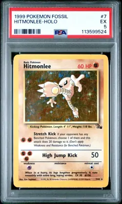 1999 POKEMON FOSSIL #7 HITMONLEE-HOLO PSA EX 5 - Image 1