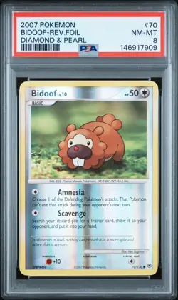 2007 POKEMON DIAMOND & PEARL #70 BIDOOF-REVERSE FOIL PSA 8 - Image 1
