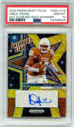 VINCE YOUNG 2025 PRIZM DRAFT GOLD SHIMMER FOTL SATURDAY STAR AUTO SP 4/15 PSA 10 - Image 1