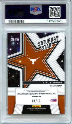 VINCE YOUNG 2025 PRIZM DRAFT GOLD SHIMMER FOTL SATURDAY STAR AUTO SP 4/15 PSA 10 - Image 2