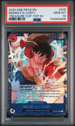2025 ONE PIECE PROMOS TREASURE CUP-TOP 64 #015 MONKEY D. LUFFY PSA 10 - Image 1
