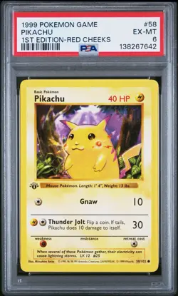 1999 POKEMON BASE SET 1ST EDITION-RED CHEEKS #58 PIKACHU PSA 6 - Image 1
