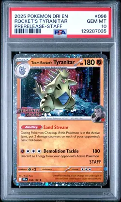 Team Rocket's Tyranitar 096/182 Staff Stamped PSA 10 Destined Rivals Pokemon JC3 - Image 1
