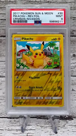 2017 POKEMON PIKACHU SUN & MOON CRIMSON INVASION REVERSE HOLO FOIL #30 PSA 9 - Image 1
