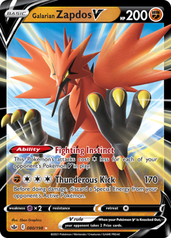 GALARIAN ZAPDOS V 080/198 V RARE CHILLING REIGN POKEMON NEAR MINT - Image 1