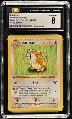 CGC 8 Raticate Base Set Shadowless 1st Edition 40/102 Gray Stamp Pokemon Card - Image 1