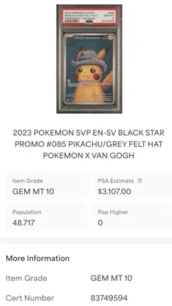 2023 Pokemon Pikachu with Grey Felt Hat Van Gogh Full Art 085 PSA 10. - Image 3