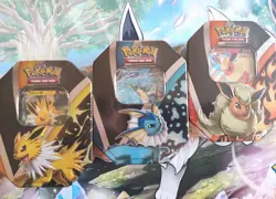 Pokemon TCG Eevee Evolutions Tins Set of 3 Vaporeon Jolteon Flareon Sealed - Image 1