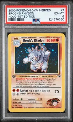 Brock's Rhydon 1st Edition 002/132 Gym Heroes Holo Pokemon PSA 6 - JUST GRADED - Image 1