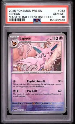 2025 Pokemon PRE EN Espeon Master Ball Reverse Holo #033 PSA 10 GEM MT - Image 1