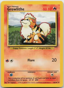 Growlithe 28/102 Uncommon Base Set Unlimited Pokemon Moderately Played - Image 1