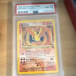 Pokemon TCG 1999 Fossil Moltres Holo Rare PSA 8 Unlimited 12/62 English - Image 1