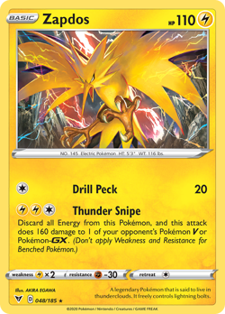 Zapdos 048/185 Vivid Voltage Holo Rare NM 2020 Reverse Holo - Image 2