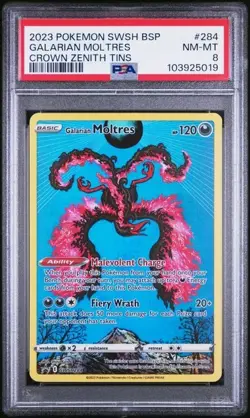 2023 POKEMON SWSH BLACK STAR PROMO CROWN ZENITH TINS #284 GALARIAN MOLTRES PSA 8 - Image 1