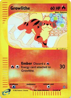 Growlithe 51/147 Reverse Holo Aquapolis Pokemon Card - Image 1