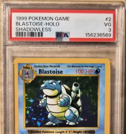 1999 POKEMON BASE SET CARD SHADOWLESS #2 BLASTOISE-HOLO PSA 3 - Image 1