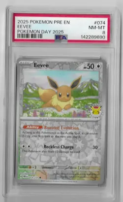 PSA 8 NM-MT Eevee 074/131 Pokemon Day 2025 Reverse Holo Pokemon TCG Card - Image 1