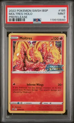 2022 Pokemon Brilliant Stars Promo #185 Moltres Prerelease Stamped Holo PSA 9 - Image 1
