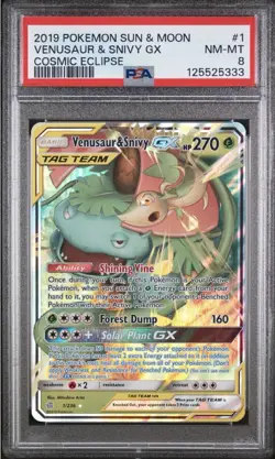 Pokemon TCG Venusaur & Snivy GX Card 1/236 Tag Team Cosmic Eclipse PSA 8 - Image 1