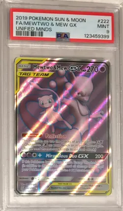 2019 Pokemon Unified Minds PSA 9 Mewtwo & Mew GX Tag Team FULL ART HOLO #222 - Image 1