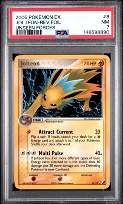 2005 POKEMON EX UNSEEN FORCES #8 JOLTEON-REVERSE FOIL PSA 7 - Image 1