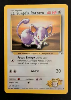 Pokemon TCG Lt Surges Rattata 82/132 Gym Heroes MP - Image 1