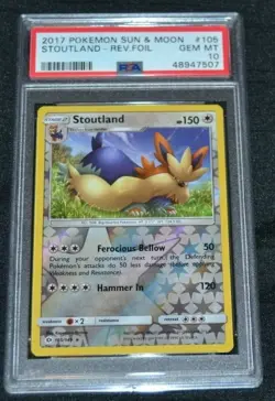 Reverse Holo Foil Stoutland 105/149 Sun & Moon Base Set Pokemon PSA 10 GEM MINT - Image 1