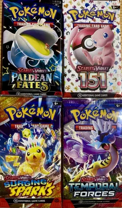 4x Pokemon Pack Bundle (151, Surging Sparks, Paldean Fates, Temporal Forces) - Image 1