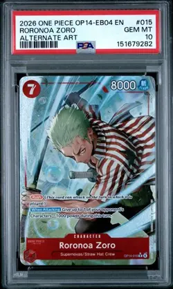 One Piece Roronoa Zoro OP14-EB04 The Azure Sea's Seven Alternate Art #015 PSA 10 - Image 1