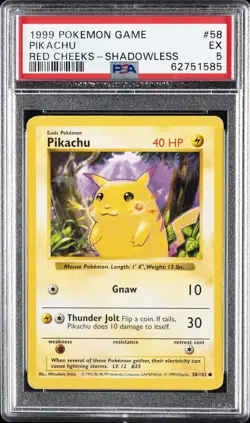1999 POKEMON GAME RED CHEEKS-SHADOWLESS #58 PIKACHU PSA 5 - Image 1