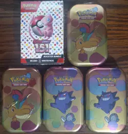 Pokemon 151 Scarlet & Violet 4 Mini Tins, 1 Booster Bundle Sealed Lot - TCG - Image 1