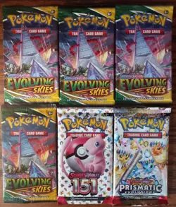 6x Pokemon 4 Evolving Skies, 1 SV 151, 1 Prismatic Evolutions Sealed Pack Lot - Image 1