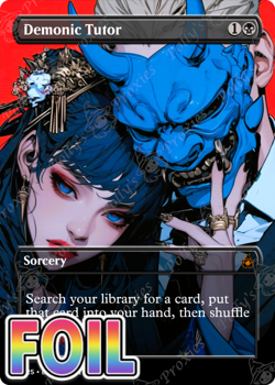 Demonic Tutor FOIL Proxy Card with Custom Anime Girl Demon Mask Art Design - Image 1