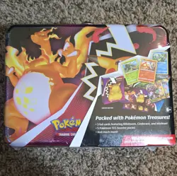 Pokemon TCG Pokemon Treasures Collector Tin Charizard 5 Packs 50 Cards 6+ - Image 1