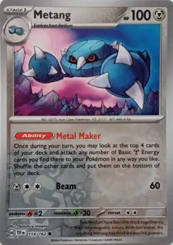 114/162 METANG REVERSE HOLO TEMPORAL FORCES POKEMON CARD - Image 1