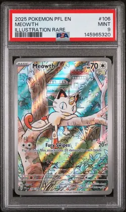 2025 Pokemon Pfl En-Phantasmal Flames #106 Meowth Illustration Rare PSA 9 - Image 1