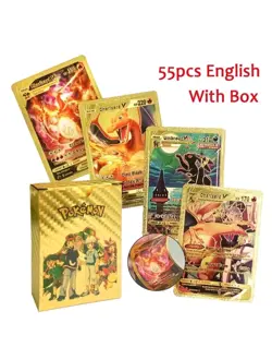 55PCS Pokemon Card Foil GOLD PACK 55 CARDS TCG GX Vmax GX Card Charizard Rare - Image 1