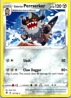 Galarian Perrserker 127/192 Rare Regular Pokemon Rebel Clash Mint - Image 1